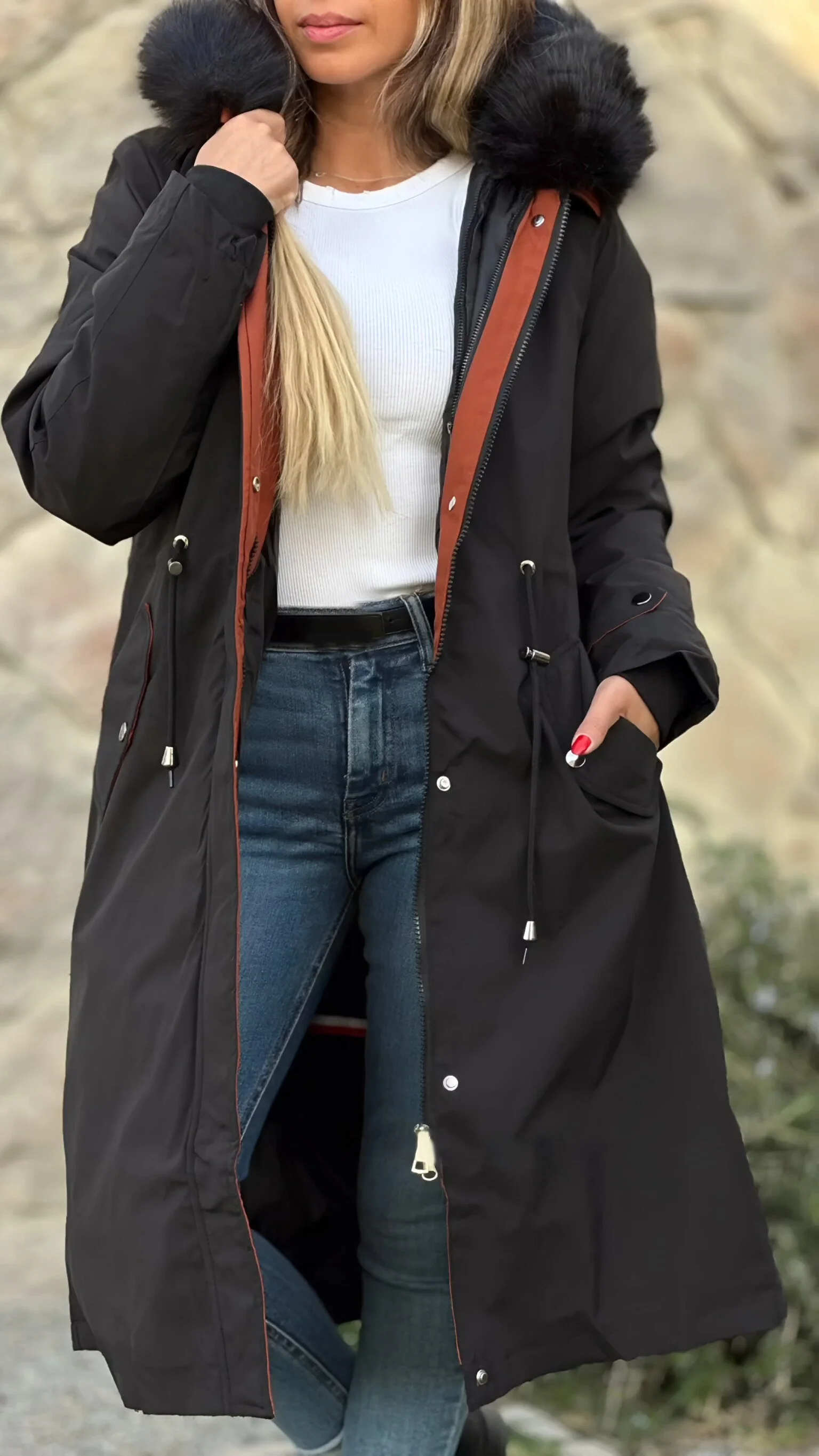 Women's Hooded Long Sleeve Fur Hat Casual Cotton Coat