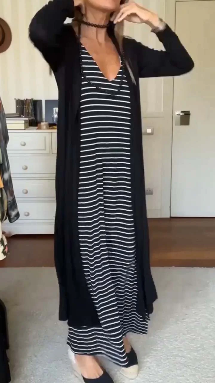 Women's Casual Striped Print Dress and Solid Black Cardigan